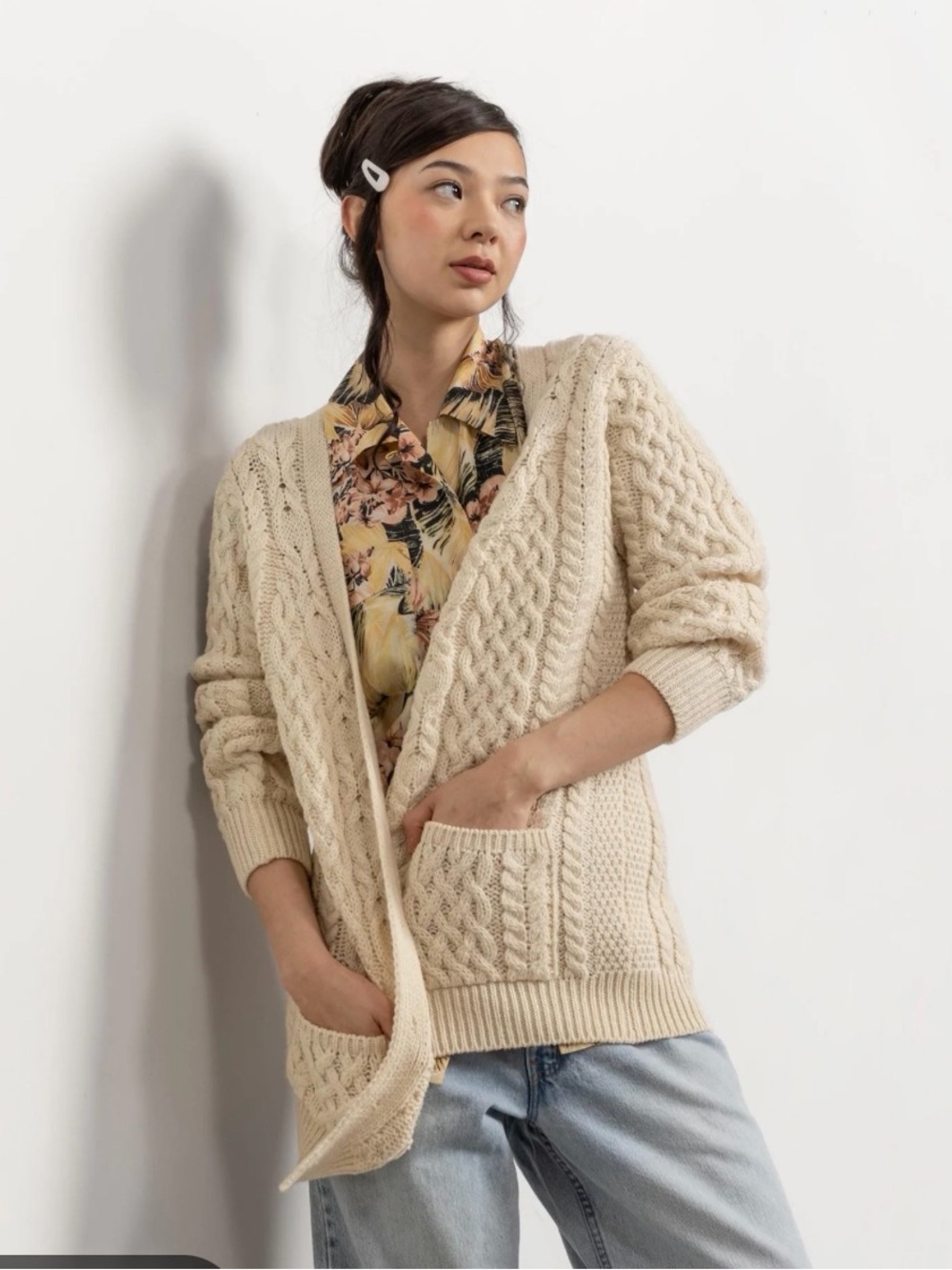 Aran Crafts Merino Wool Cable Knit Cardigan Sweater Cream Heritage Fisherman L